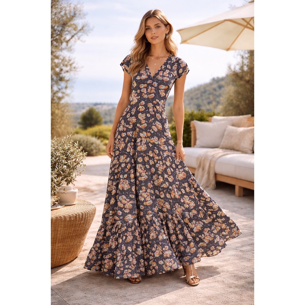 Sundance Pretty Petals Dress Women XS Navy Floral Excellent Tiered Maxi Boho